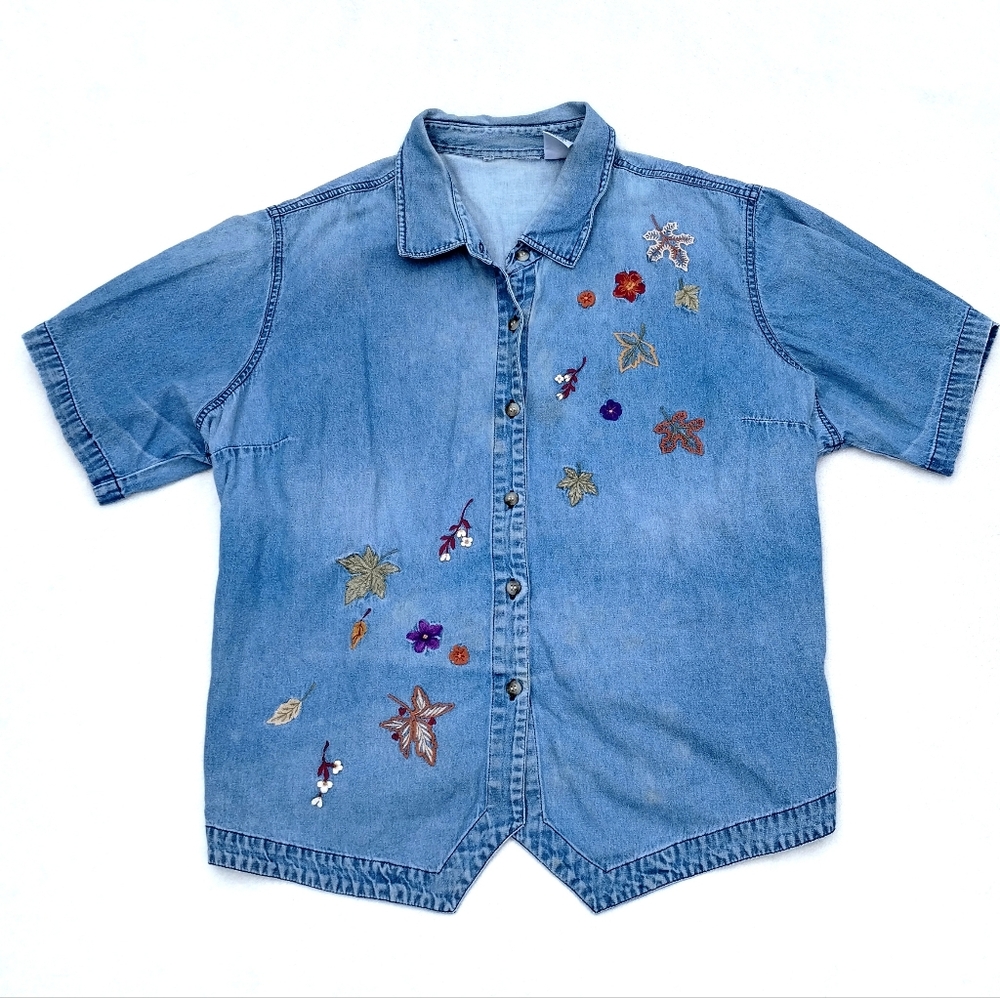 Vintage Cabin Creek Embroidered Denim Shirt With Back Tie Size 24W Button Up
